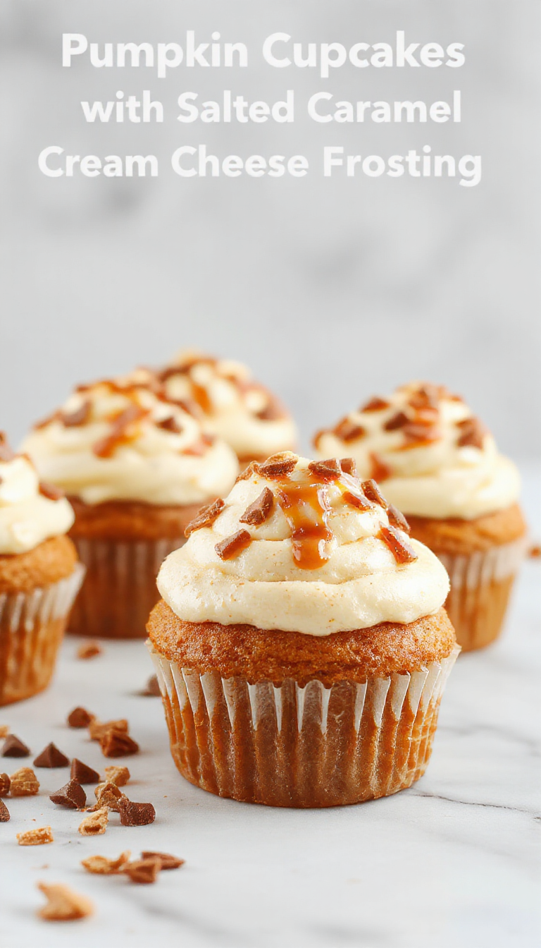 Freshly baked pumpkin cupcakes topped with salted caramel cream cheese frosting, garnished with a sprinkle of cinnamon and caramel drizzle.