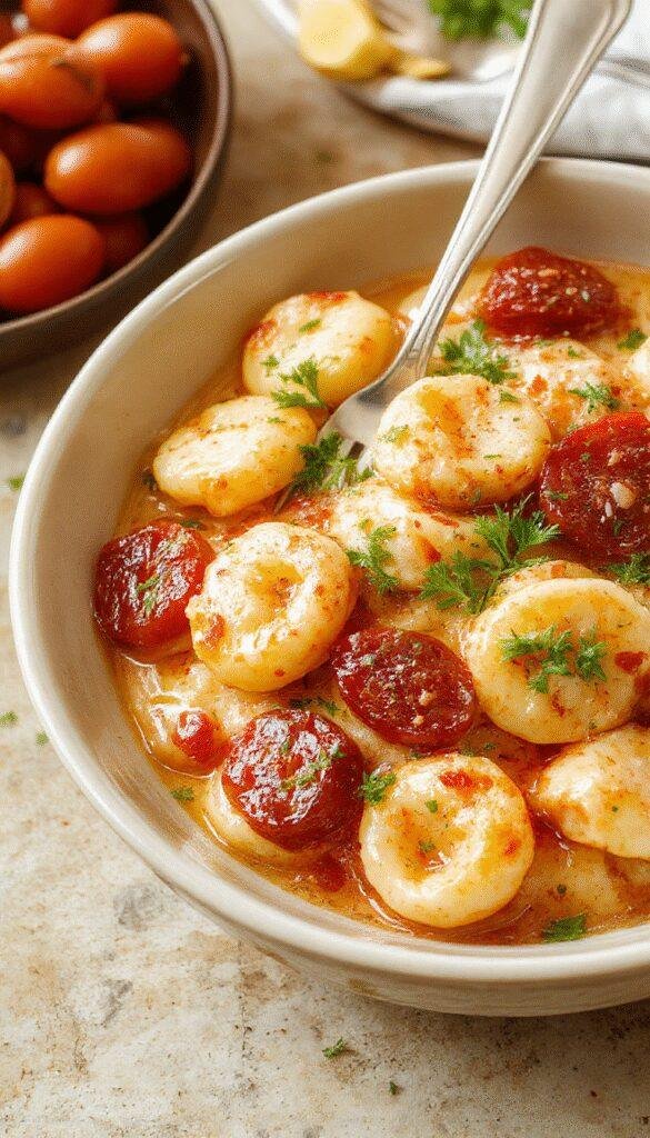 A bowl of creamy tomato tortellini garnished with fresh basil, served on a rustic wooden table for a quick weeknight dinner.