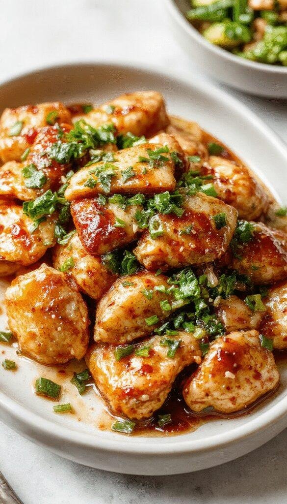 A plate of vibrant sesame chicken garnished with sesame seeds and fresh green onions, served alongside steamed vegetables and rice.