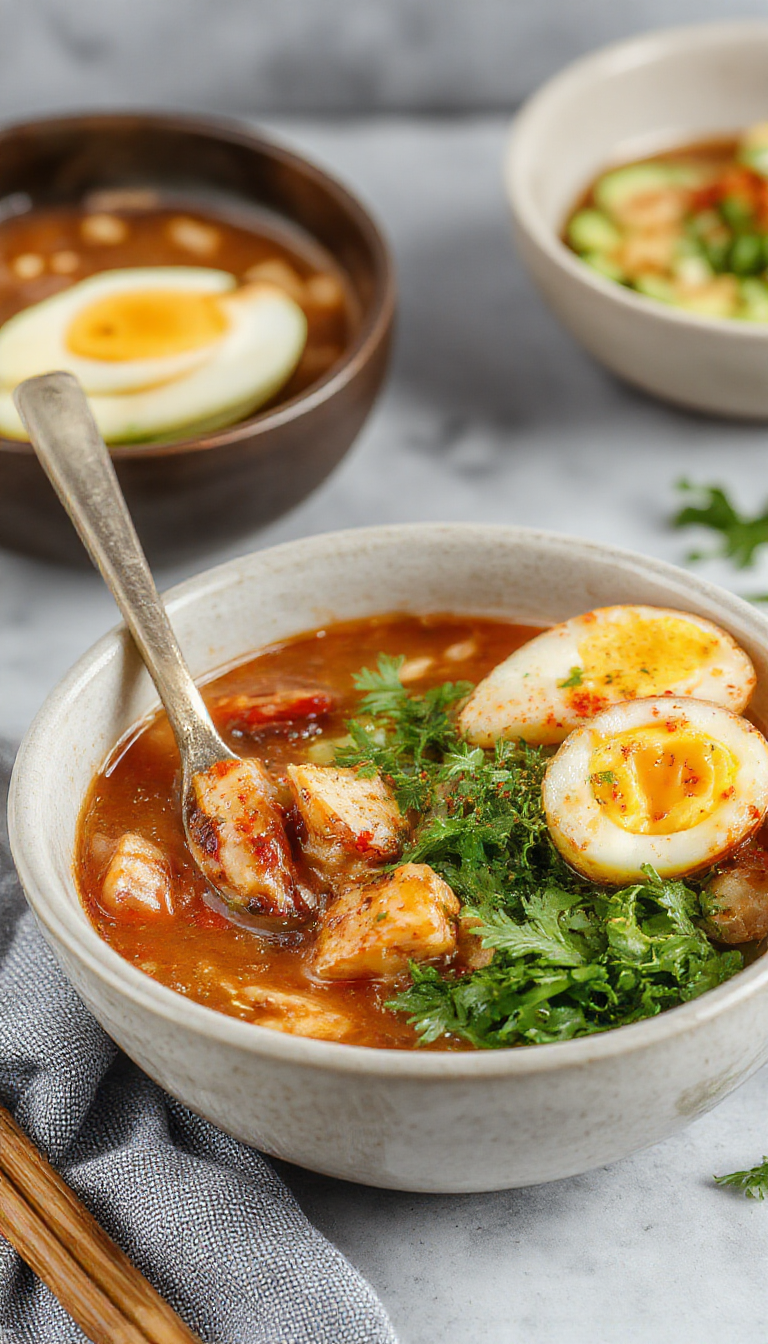 A steaming bowl of vegan saucy ramen topped with fresh vegetables and green onions, showcasing rich broth and colorful ingredients.