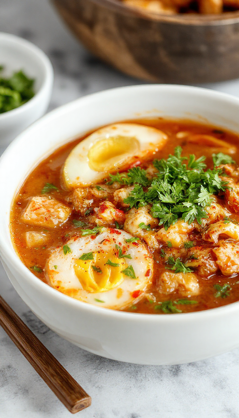 A steaming bowl of vegan saucy ramen topped with green onions, sesame seeds, and tofu slices, set on a wooden table with chopsticks.