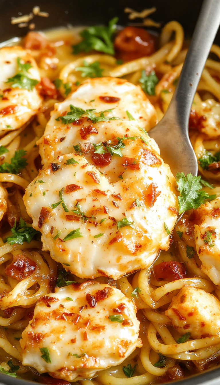 A flavorful one-pan cowboy butter chicken linguine topped with fresh herbs, served on a rustic wooden table.