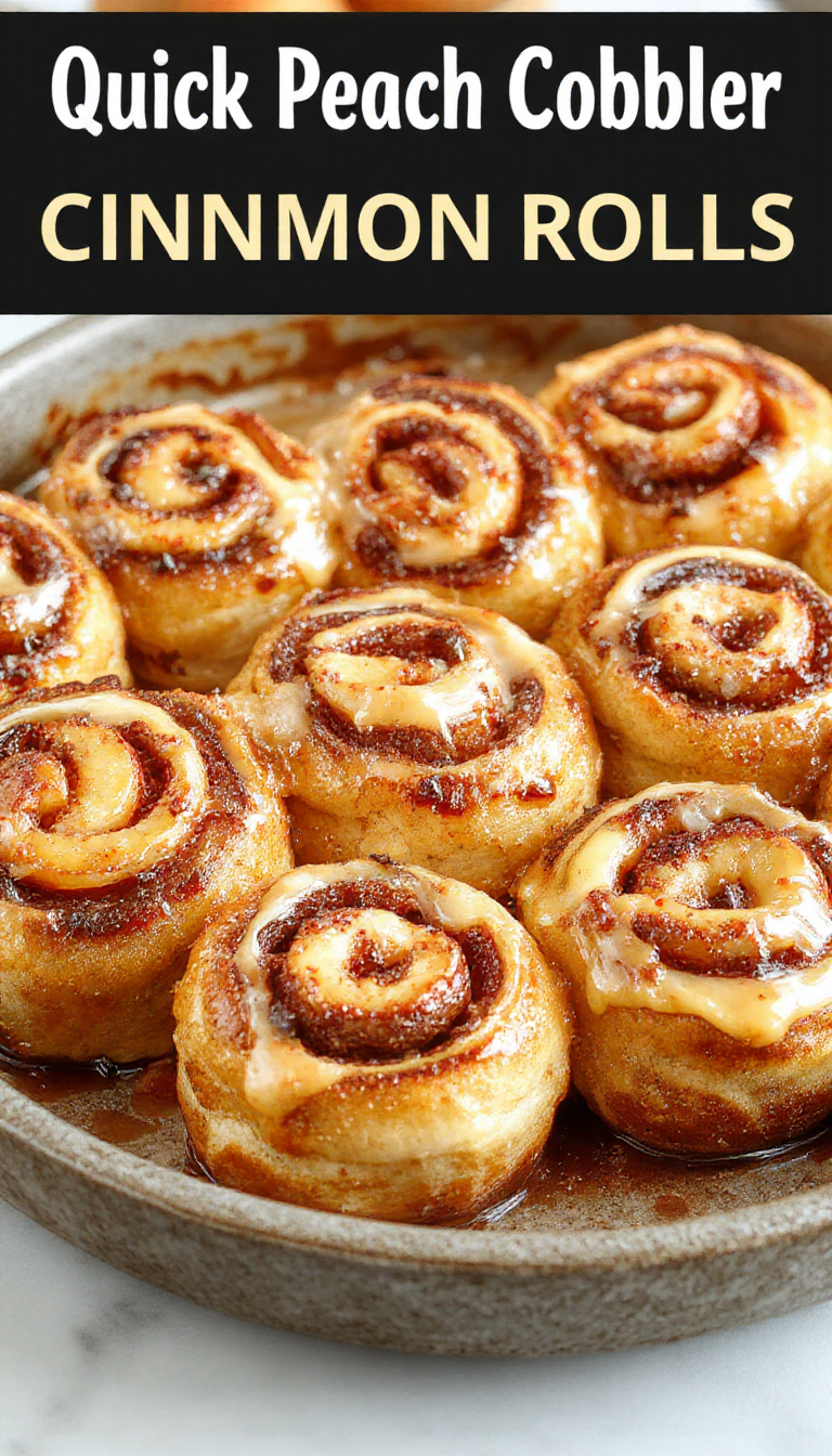 A warm homemade peach cobbler cinnamon rolls dish with golden-brown rolls overflowing with sweet peach filling and a sprinkle of cinnamon.
