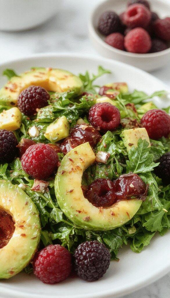A vibrant bowl of blackberry and avocado arugula salad topped with fresh berries and crunchy nuts, showcasing a colorful, healthy meal.