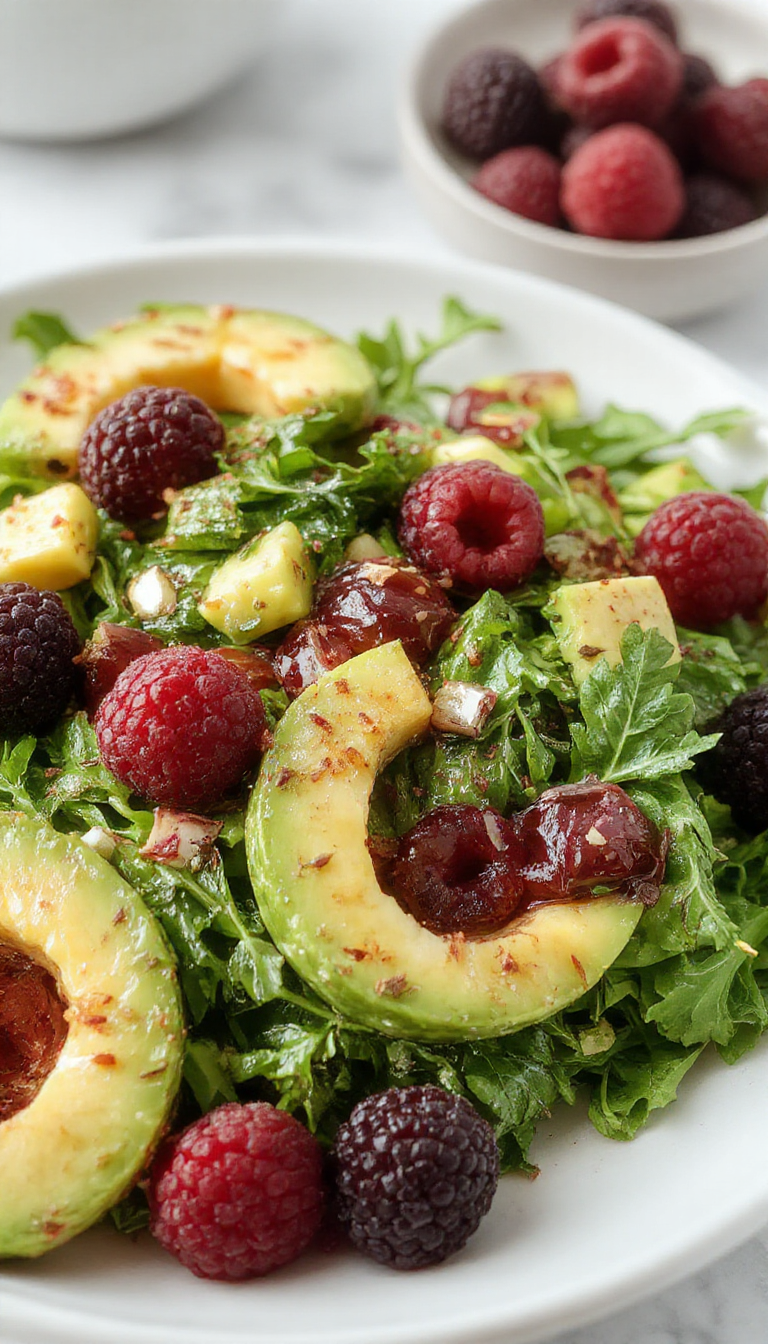 A vibrant bowl of blackberry and avocado arugula salad topped with fresh berries and crunchy nuts, showcasing a colorful, healthy meal.