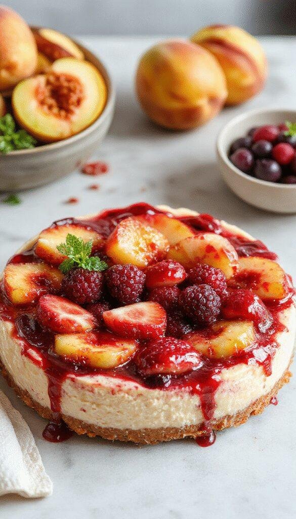 A vibrant no-bake summer berry and peach cheesecake topped with fresh berries and peach slices on a white plate.