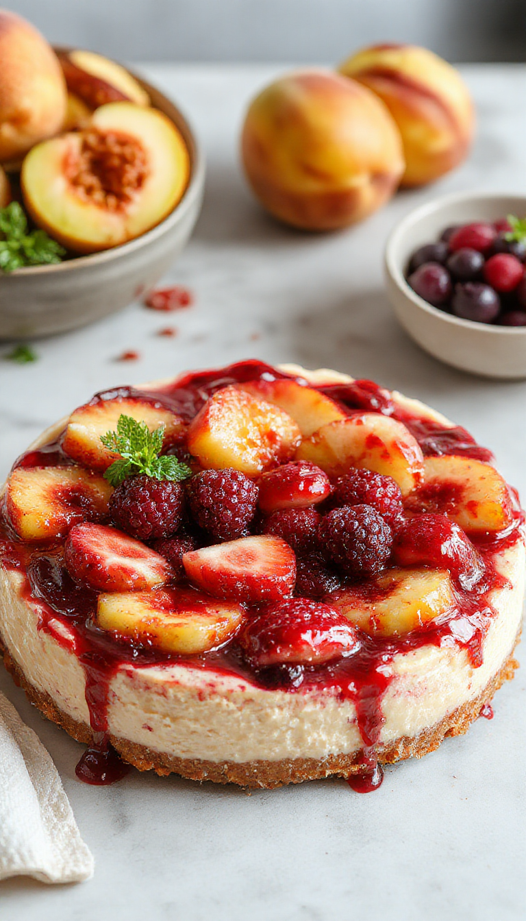 A vibrant no-bake summer berry and peach cheesecake topped with fresh berries and peach slices on a white plate.