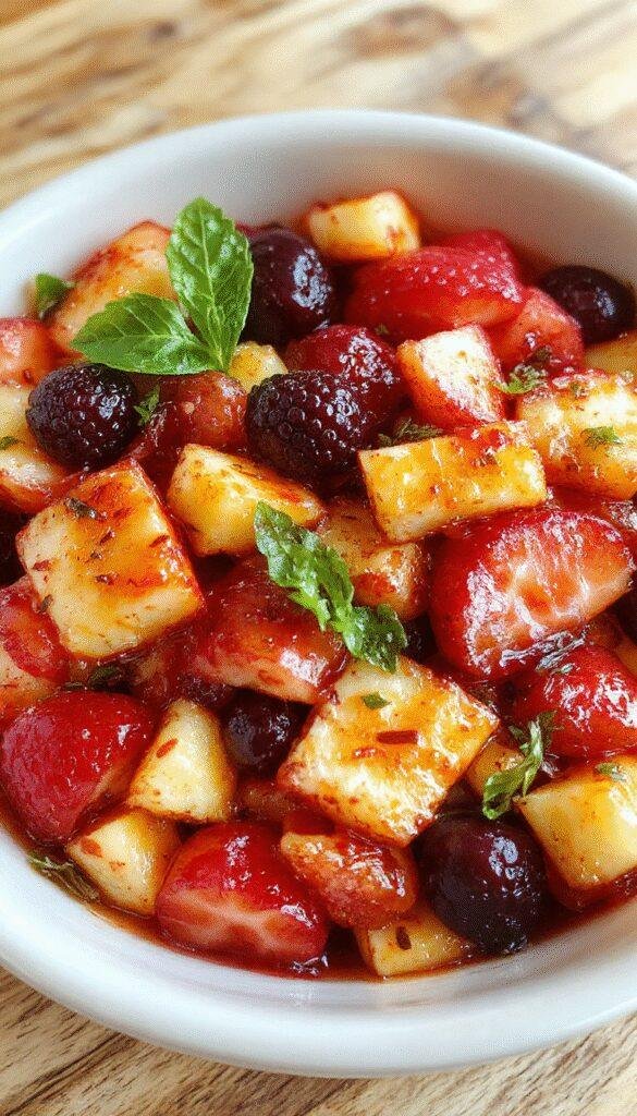 A vibrant summer fruit salad with colorful pieces of watermelon, strawberries, blueberries, mango, and mint leaves on a clear glass bowl.