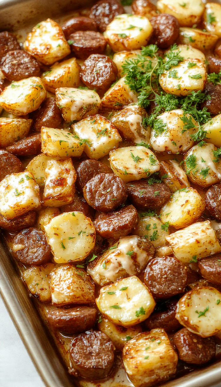 A colorful sheet pan meal featuring crispy roasted potatoes topped with melted cheese, sliced smoked sausage, and fresh herbs, all arranged on a baking sheet.