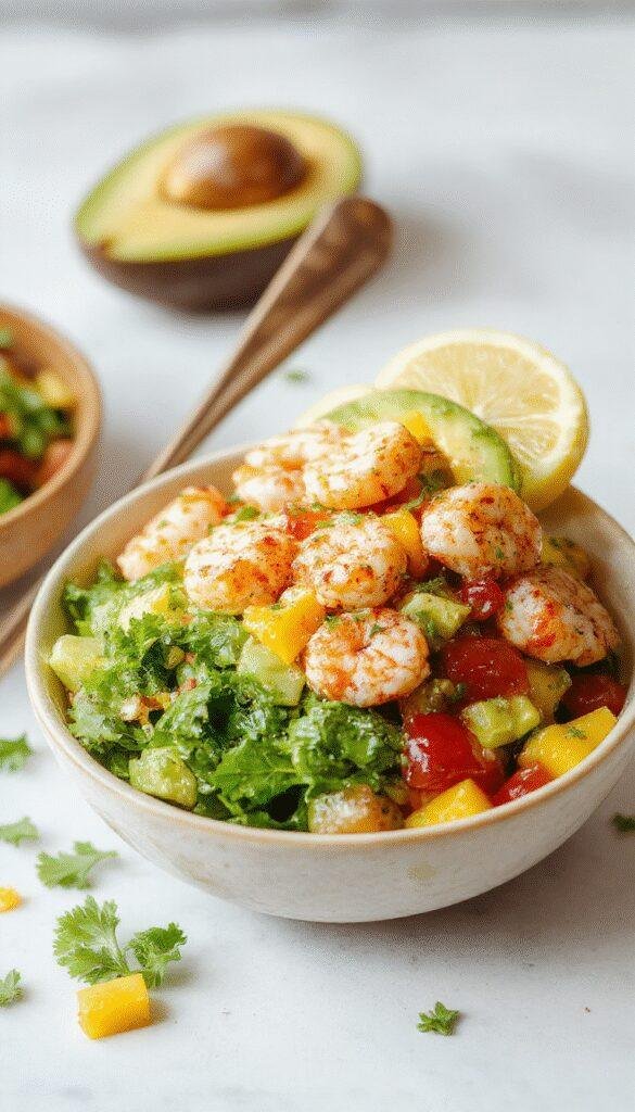 A vibrant shrimp and avocado bowl topped with fresh mango salsa, garnished with cilantro on a white plate.