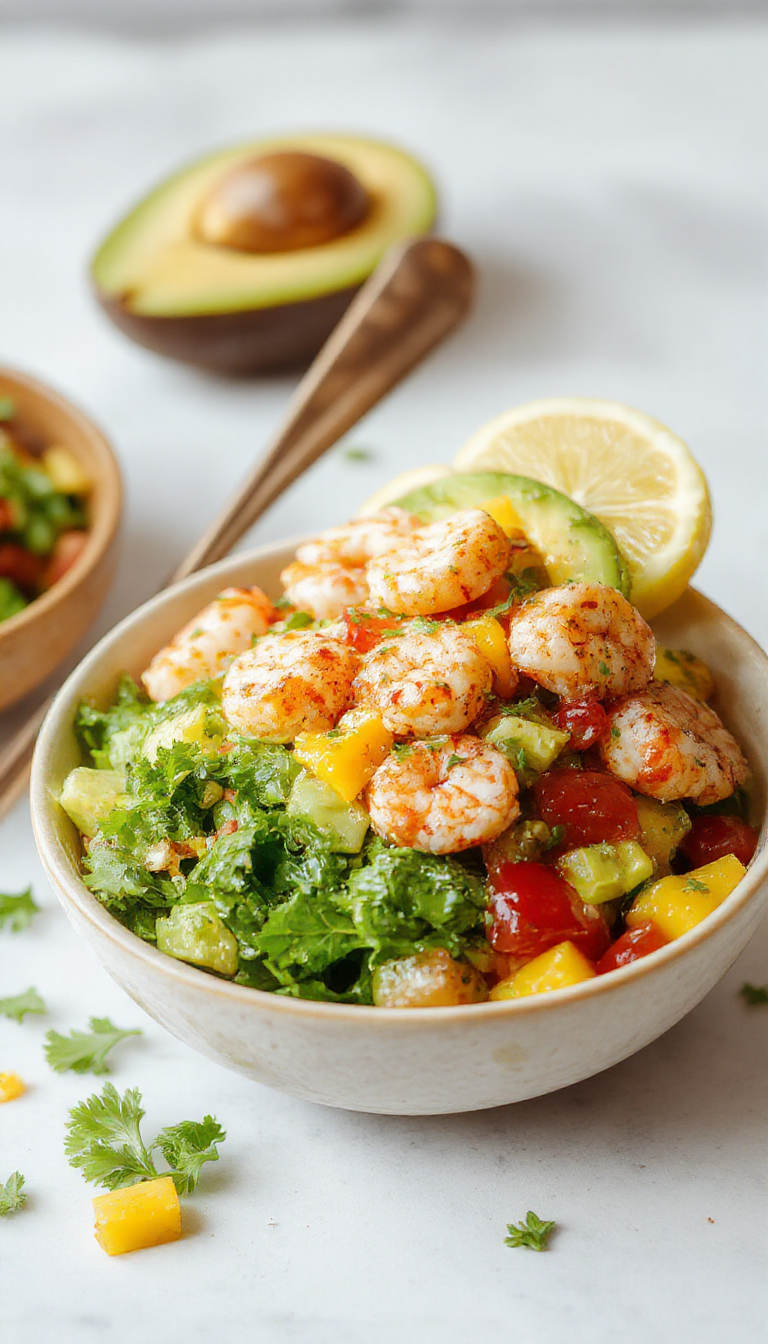 A vibrant shrimp and avocado bowl topped with fresh mango salsa, garnished with cilantro on a white plate.
