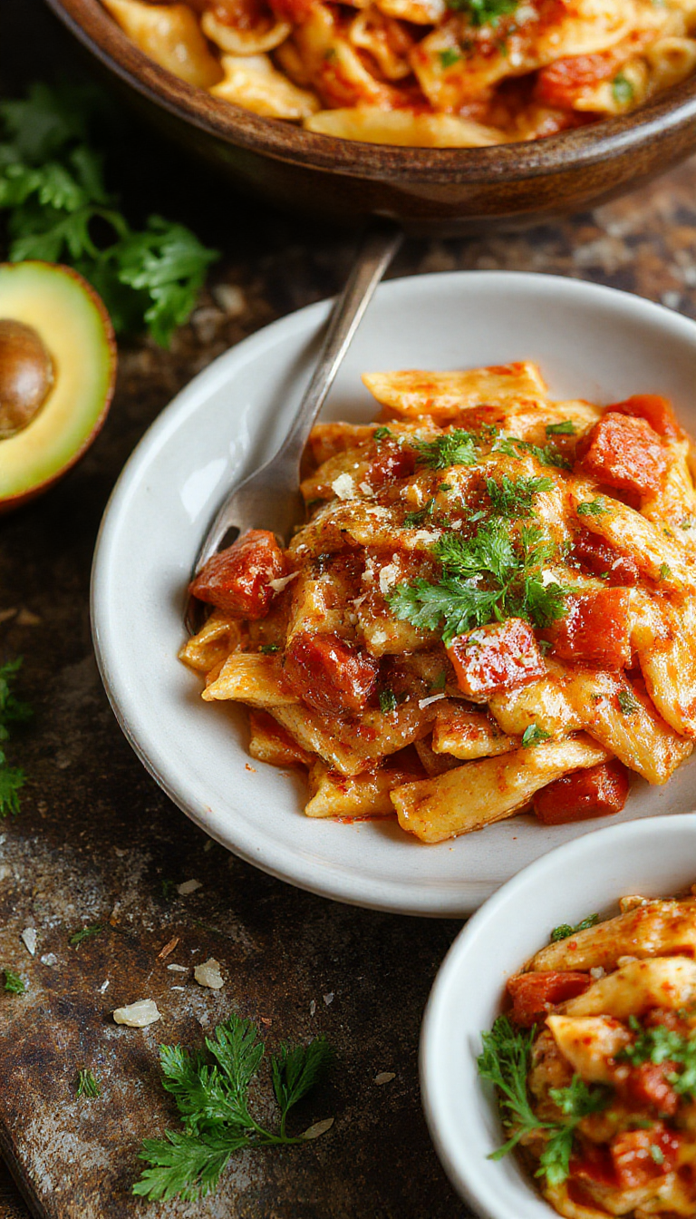 A plate of Spicy Arrabiata Penne featuring al dente pasta coated in a vibrant red, spicy tomato sauce topped with fresh basil and chili flakes.
