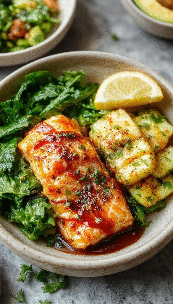 A vibrant bowl featuring flaked salmon glazed with spicy honey Sriracha sauce, topped with fresh vegetables and sesame seeds, perfect for a quick healthy dinner.