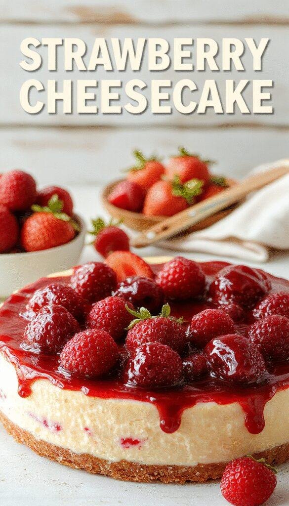 A slice of creamy strawberry cheesecake topped with fresh strawberries and a graham cracker crust, served on a white plate.