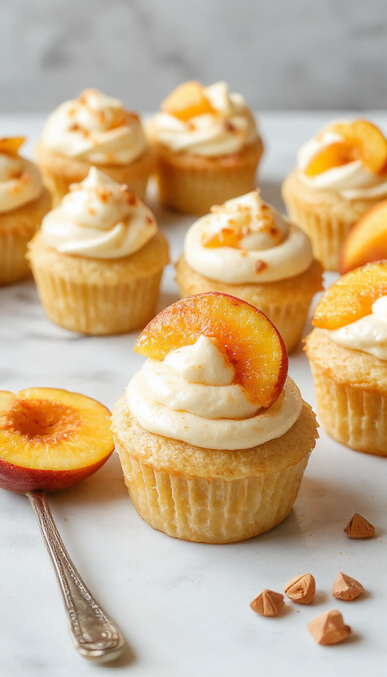 Delicious Honey Peach Cream Cheese Cupcakes topped with fresh peach slices and a drizzle of honey, set on a rustic wooden table.