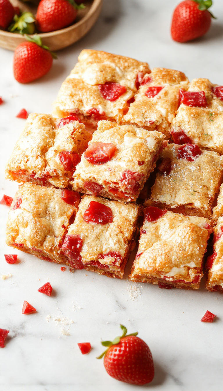 A close-up of Tangy Strawberry Lemon Blondies revealing their golden-brown top and vibrant strawberry and lemon swirl topping.