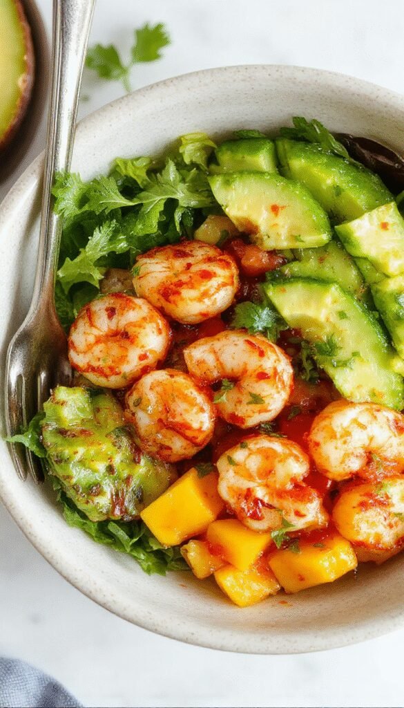Colorful tropical shrimp and avocado mango salsa bowls garnished with fresh herbs, served in a vibrant cutlery setting.