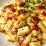 A hearty casserole dish featuring cooked ground turkey pasta topped with melted cheese and fresh herbs, ready to serve family comfort food.