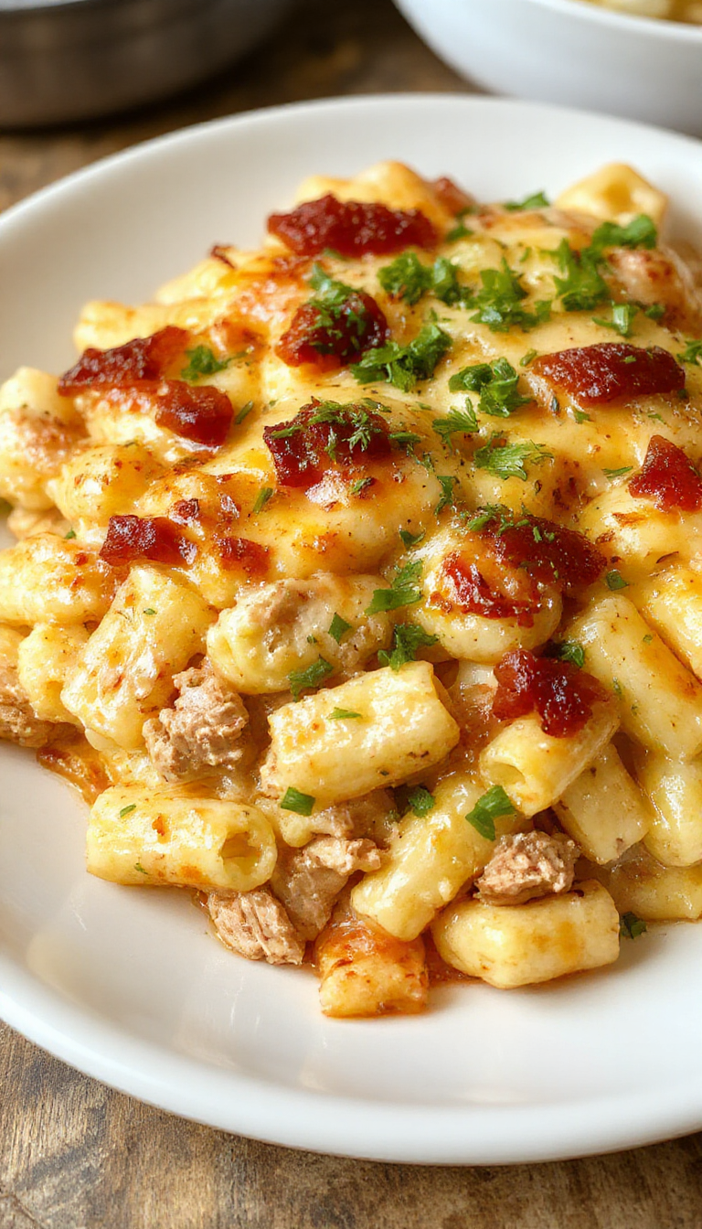 A hearty casserole dish featuring cooked ground turkey pasta topped with melted cheese and fresh herbs, ready to serve family comfort food.