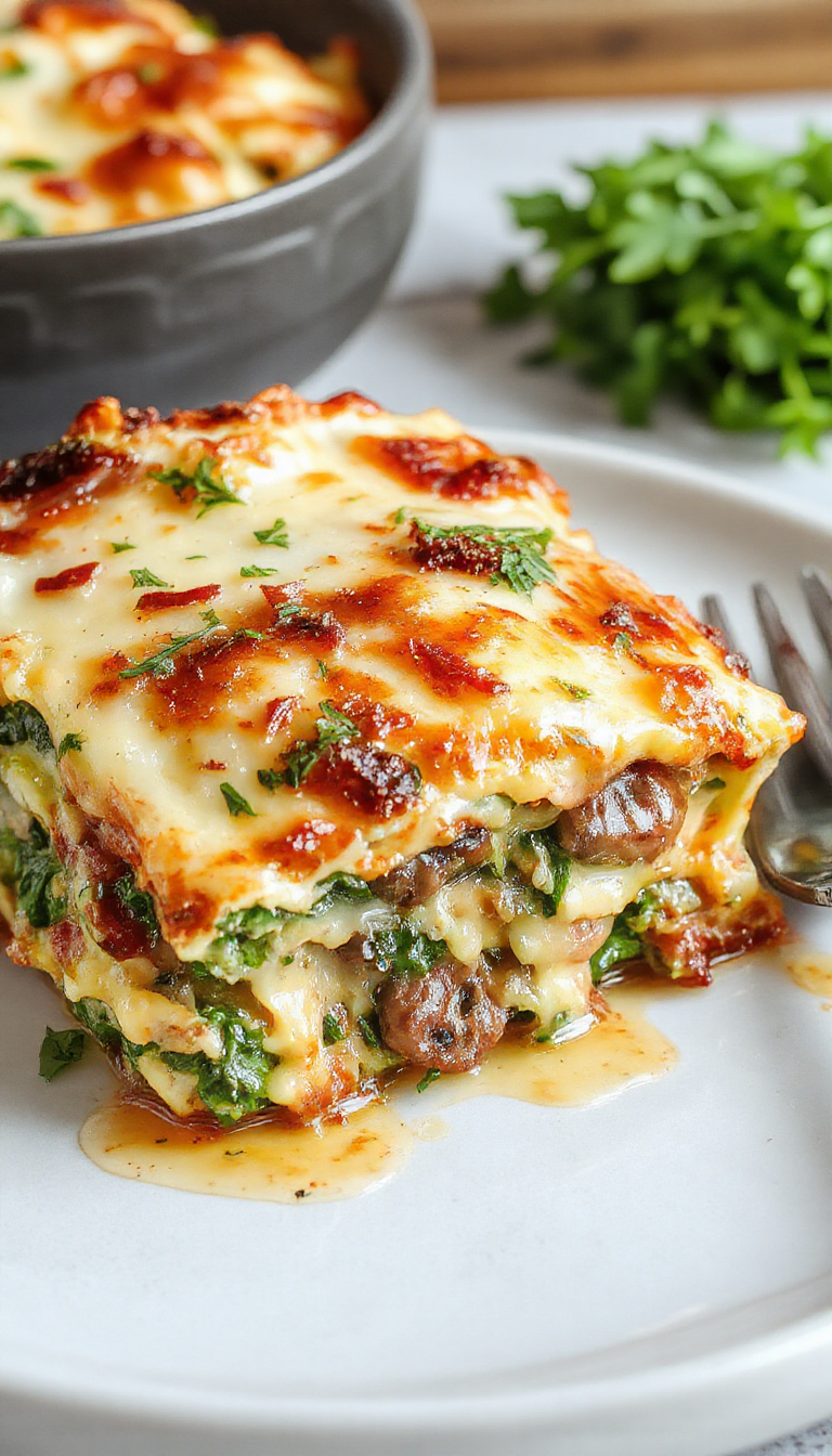 A layered lasagna with creamy mushroom and spinach filling, topped with melted cheese and fresh herbs, served on a white plate.