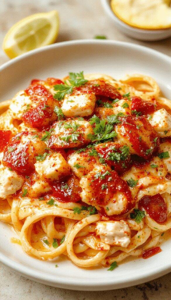 A plate of Ultimate Zesty Cowboy Butter Chicken Linguine featuring creamy pasta topped with grilled chicken, herbs, and zesty sauce, garnished with herbs.