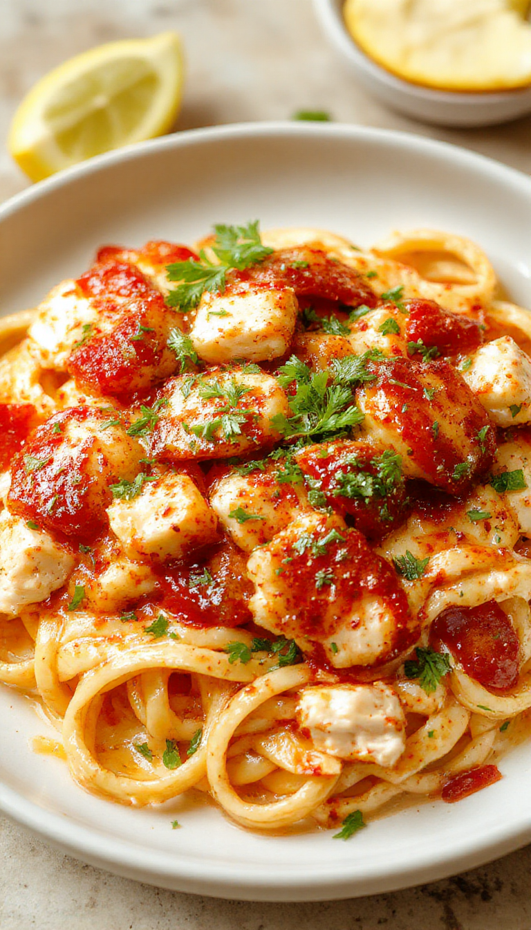 A plate of Ultimate Zesty Cowboy Butter Chicken Linguine featuring creamy pasta topped with grilled chicken, herbs, and zesty sauce, garnished with herbs.