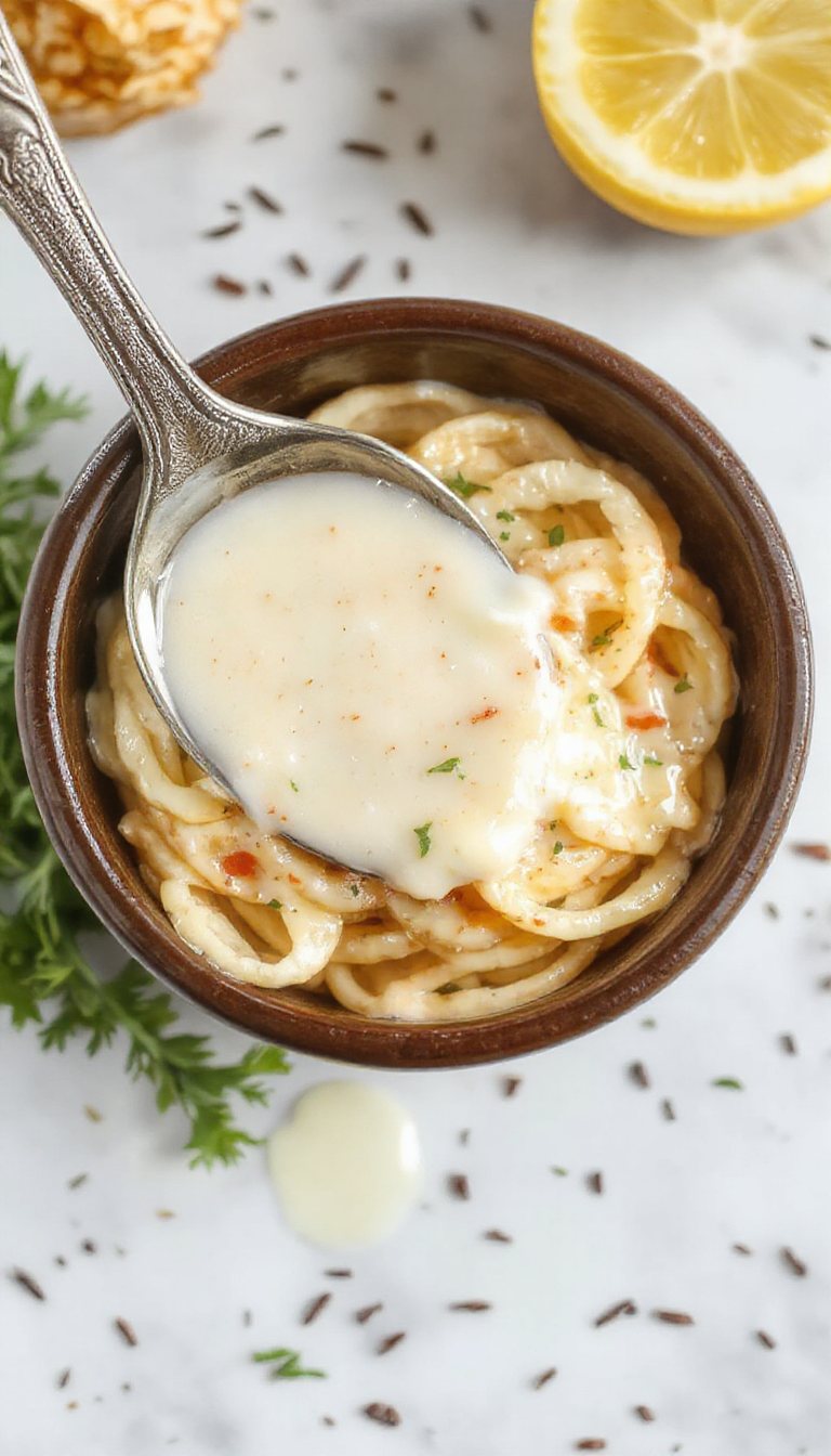A bowl of creamy lemon Alfredo sauce drizzled over pasta garnished with fresh herbs on a rustic wooden table