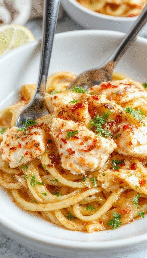 A vibrant plate of Zesty Lemon Chicken Pasta garnished with fresh herbs and lemon wedges on a rustic wooden table