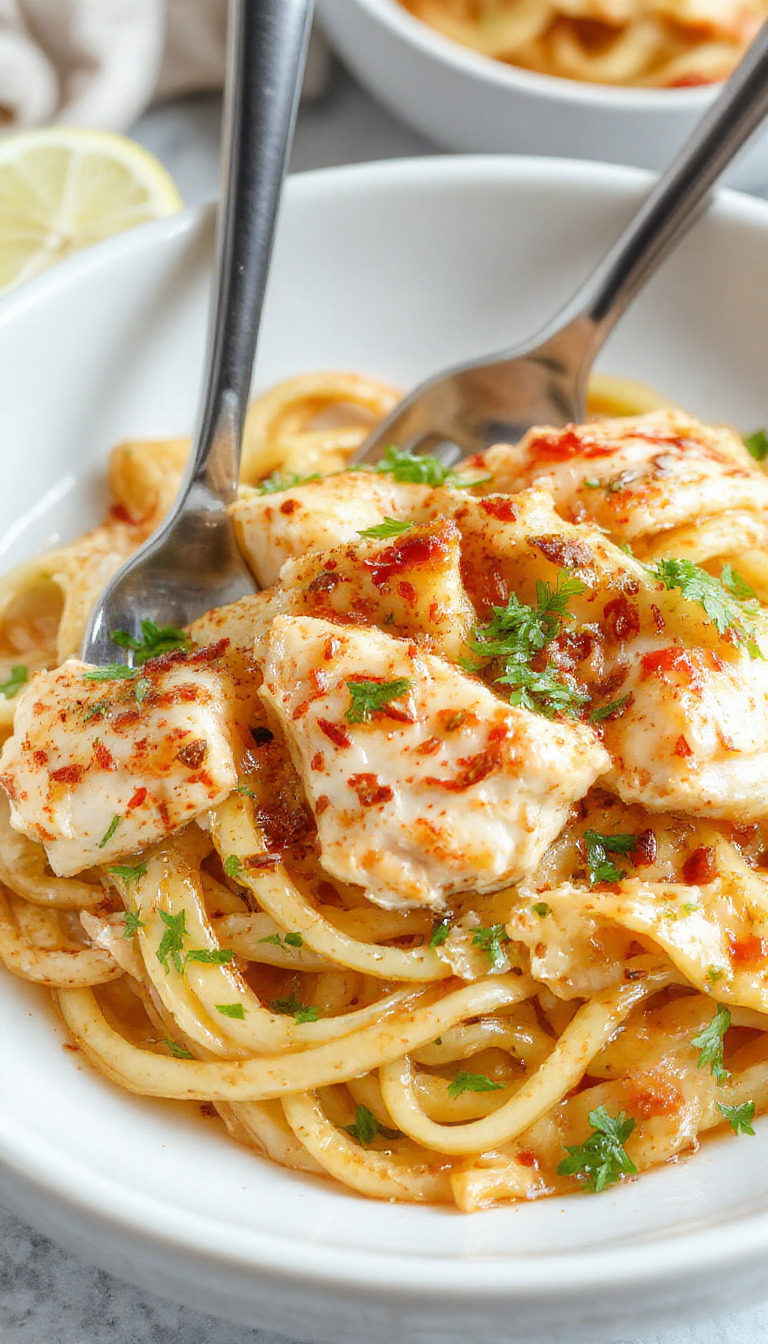 A vibrant plate of Zesty Lemon Chicken Pasta garnished with fresh herbs and lemon wedges on a rustic wooden table