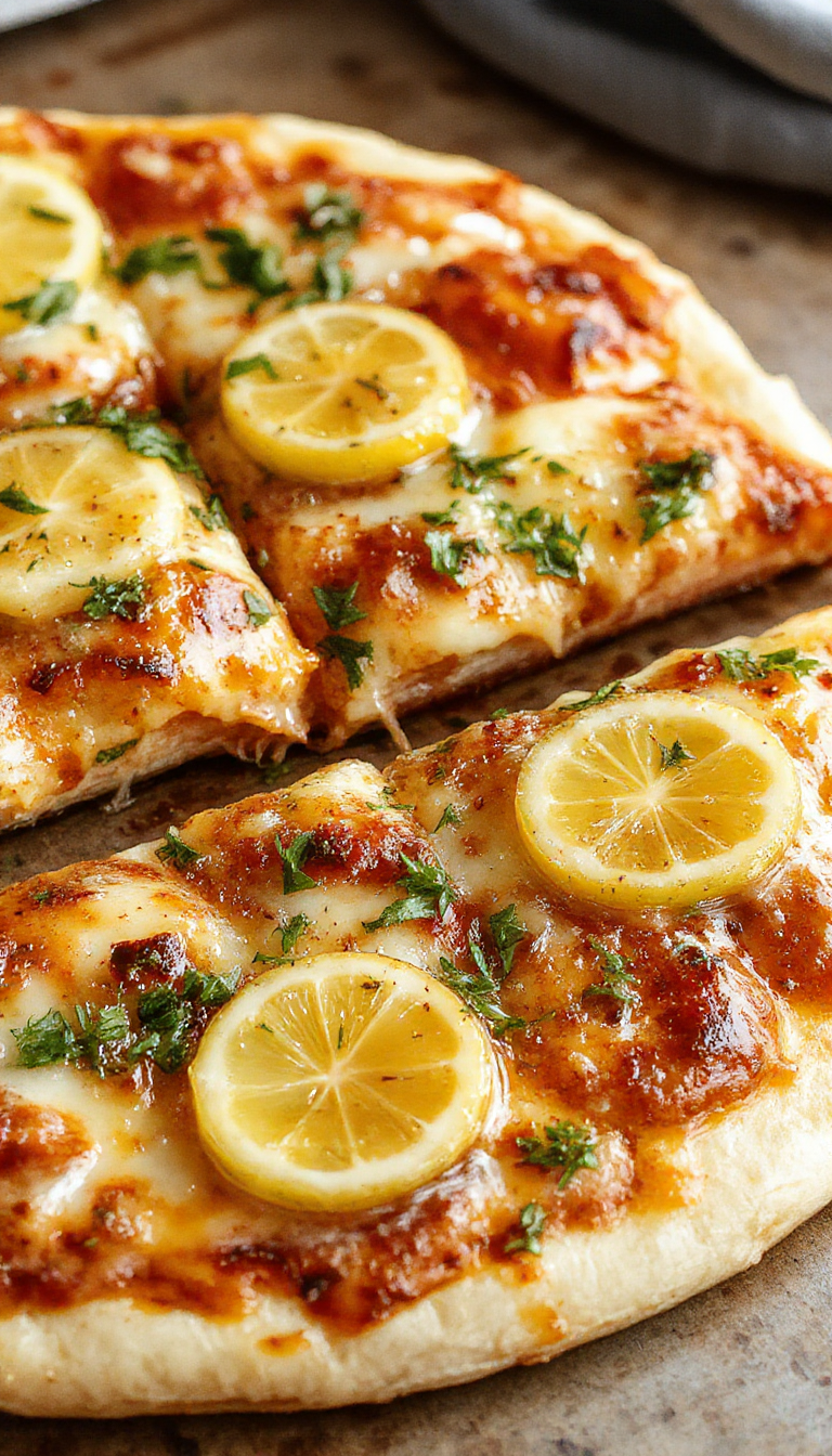 A vibrant Zesty Lemon Pizza topped with fresh lemon slices, herbs, and a crispy crust, showcasing a refreshing culinary twist.