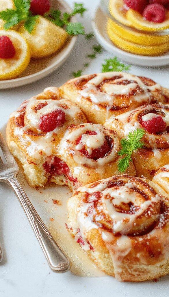 A plate of freshly baked Zesty Lemon Raspberry Cinnamon Rolls topped with icing, showcasing vibrant raspberry filling and lemon zest adornments.