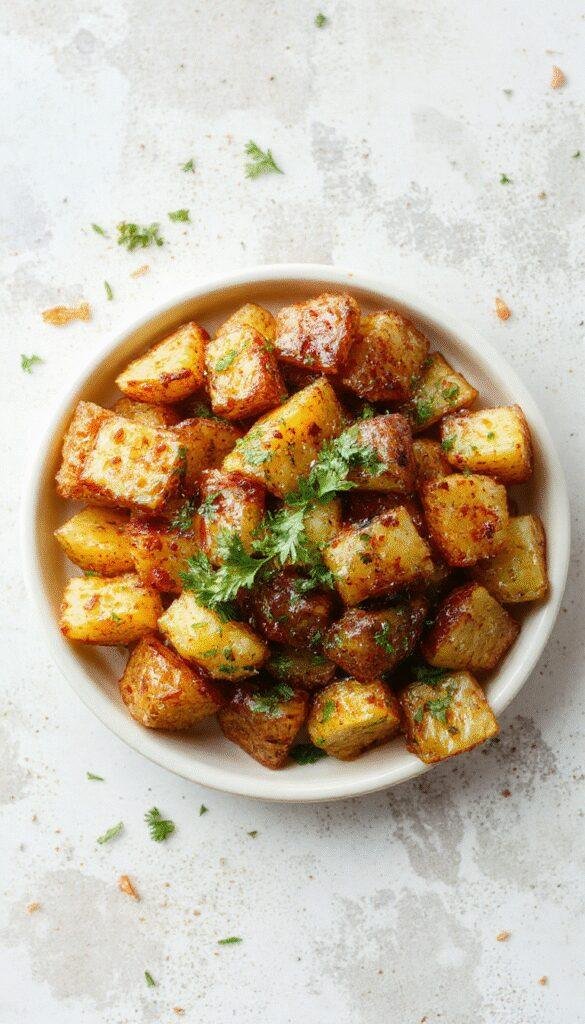 A vibrant plate of Zesty Mexican Potatoes garnished with fresh cilantro and lime wedges, featuring crispy roasted potato chunks coated in spicy seasoning.