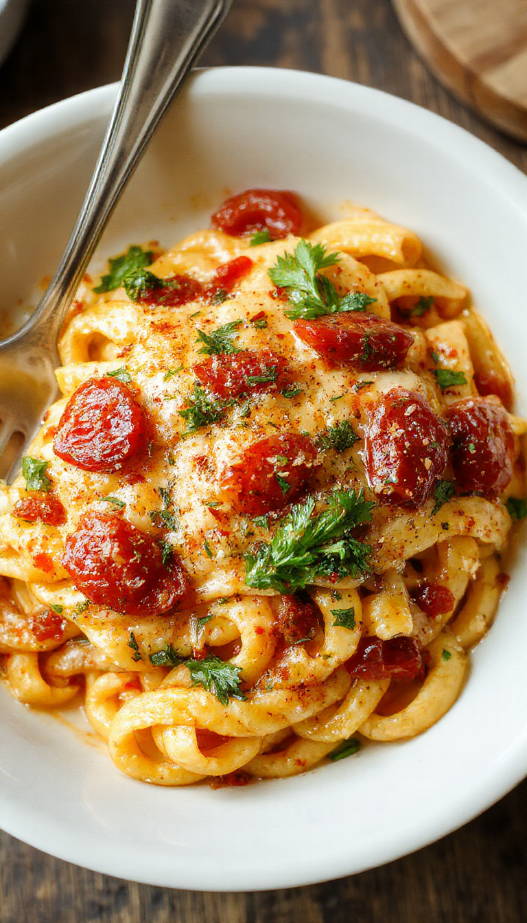 A plate of creamy tomato pasta topped with fresh basil and grated cheese, served steaming on a white plate with a fork, showcasing vibrant red sauce and creamy texture.
