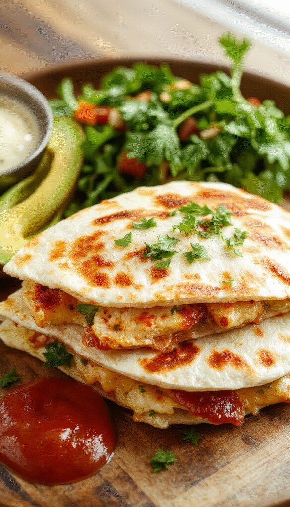 A plate of crispy ranch chicken quesadillas sliced into wedges, filled with melted cheese and tender chicken, garnished with fresh herbs.