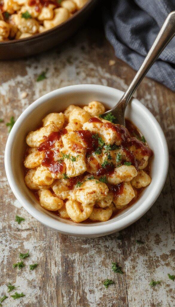 A bowl of creamy mac and cheese topped with tender, tangy BBQ chicken, garnished with chopped herbs and a smoky sauce drizzle