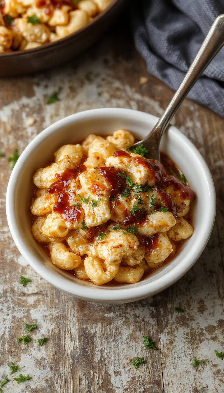 A bowl of creamy mac and cheese topped with tender, tangy BBQ chicken, garnished with chopped herbs and a smoky sauce drizzle