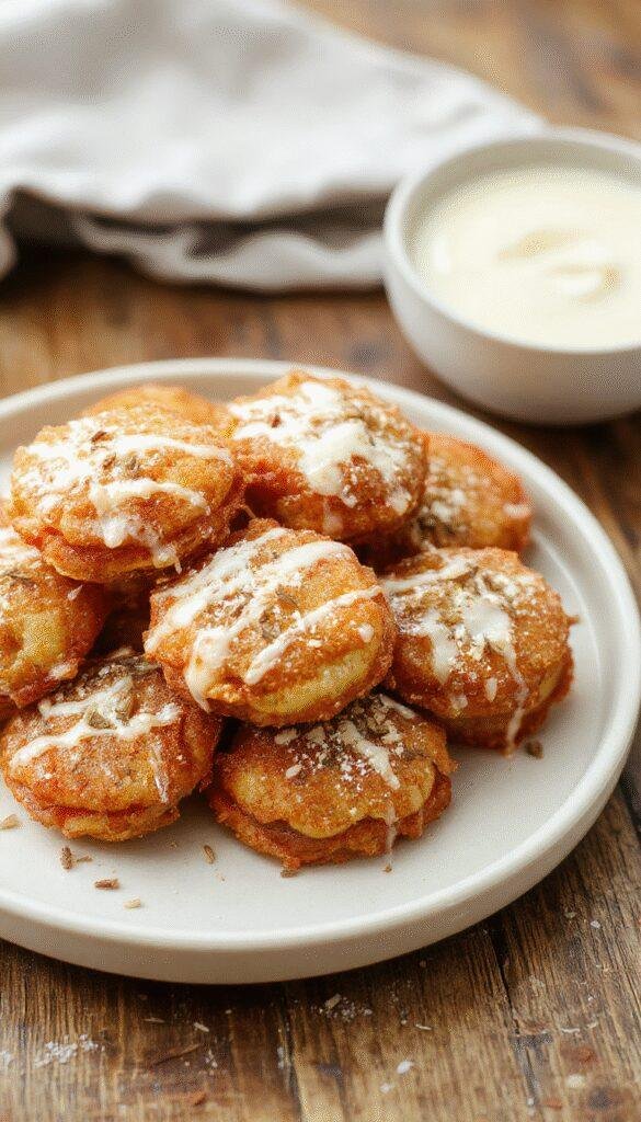 Golden crispy air-fried apple delights with cinnamon sprinkled on top, served on a rustic plate with a dollop of cream.