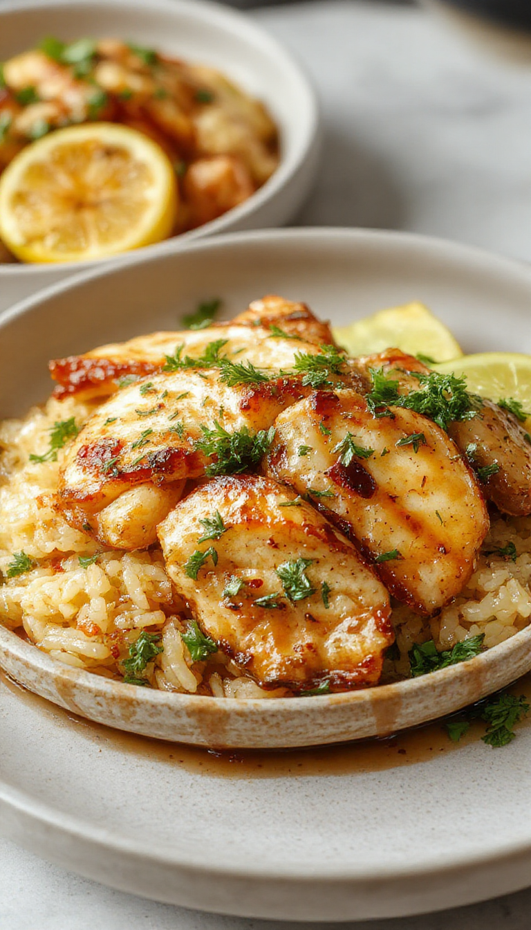 A plate of Aromatic Golden Chicken & Rice garnished with fresh herbs, showcasing tender chicken pieces and fragrant rice infused with garlic and ginger.