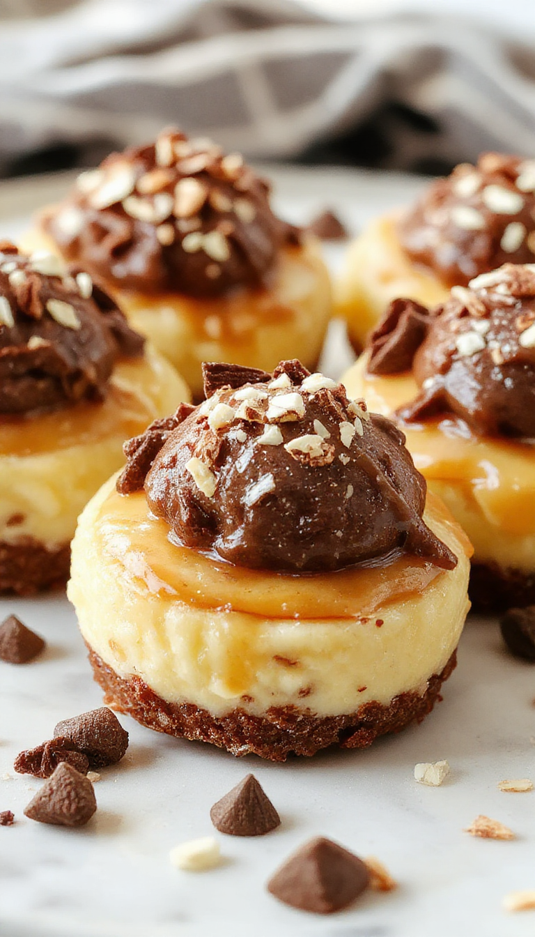 Close-up of golden pumpkin cheesecake bites topped with a chocolate truffle, garnished with a dash of cinnamon and autumn leaves in the background.