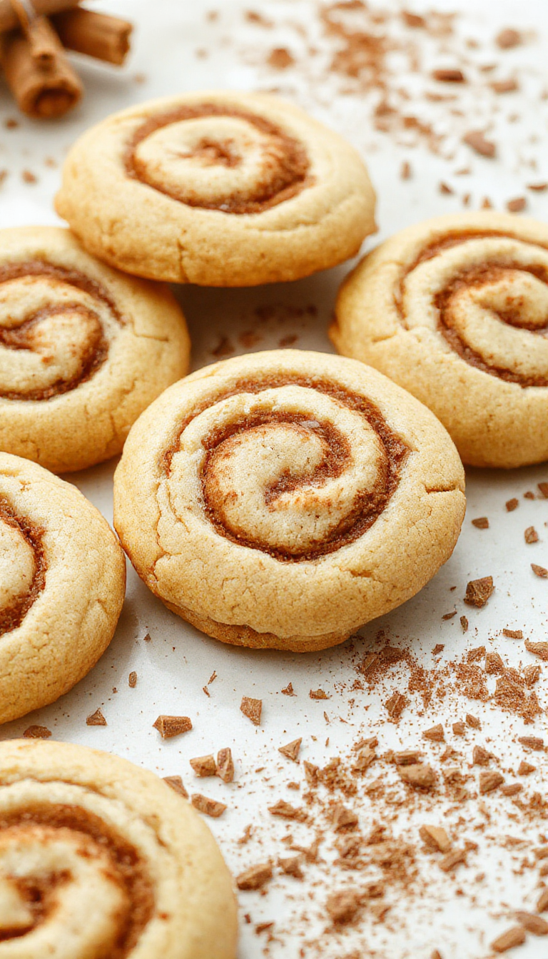 A plate of freshly baked Blissful Cinnamon Swirl Cookies with golden-brown edges and a beautiful cinnamon swirl pattern in the center.
