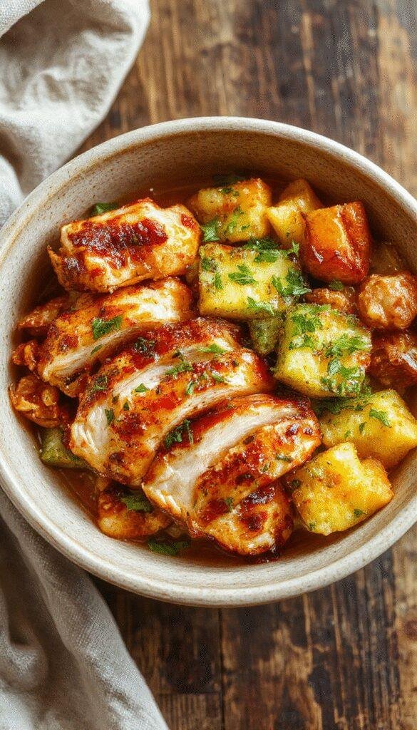 A vibrant bowl filled with grilled chicken strips, colorful vegetables, quinoa, and fresh herbs, showcasing a healthy and flavorful meal.