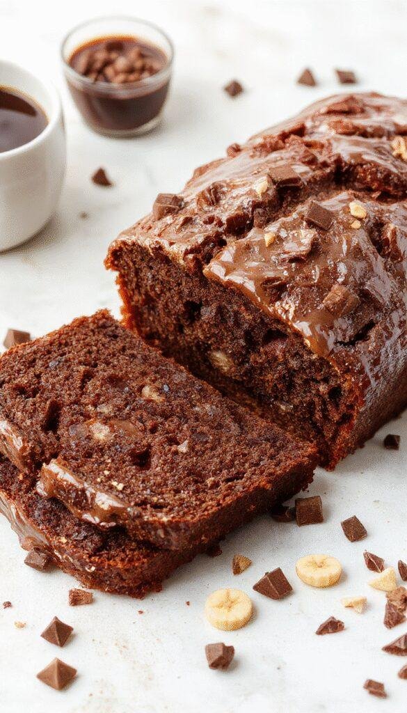 A freshly sliced, golden-brown Banana Bread infused with rich chocolate and bold espresso, garnished with cocoa powder and banana slices.