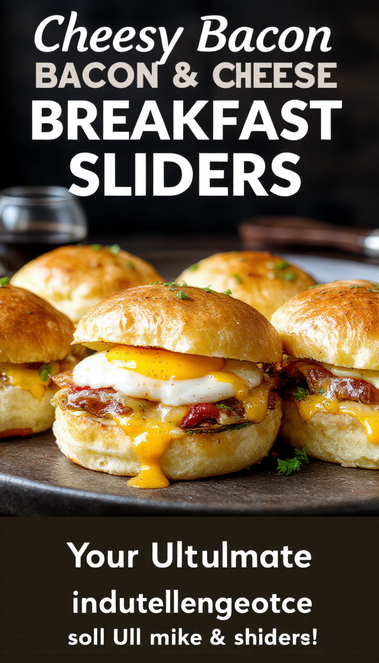 Close-up of cheesy bacon egg and cheese breakfast sliders arranged on a plate, showcasing melted cheese, crispy bacon, scrambled eggs, and fluffy mini buns.