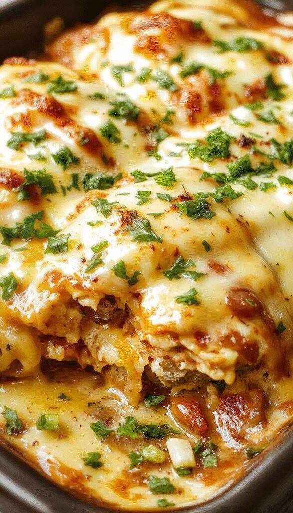 A delicious Cheesy Chicken Burrito Bake served in a baking dish, topped with melted cheese and garnished with fresh cilantro and sliced jalapeños.