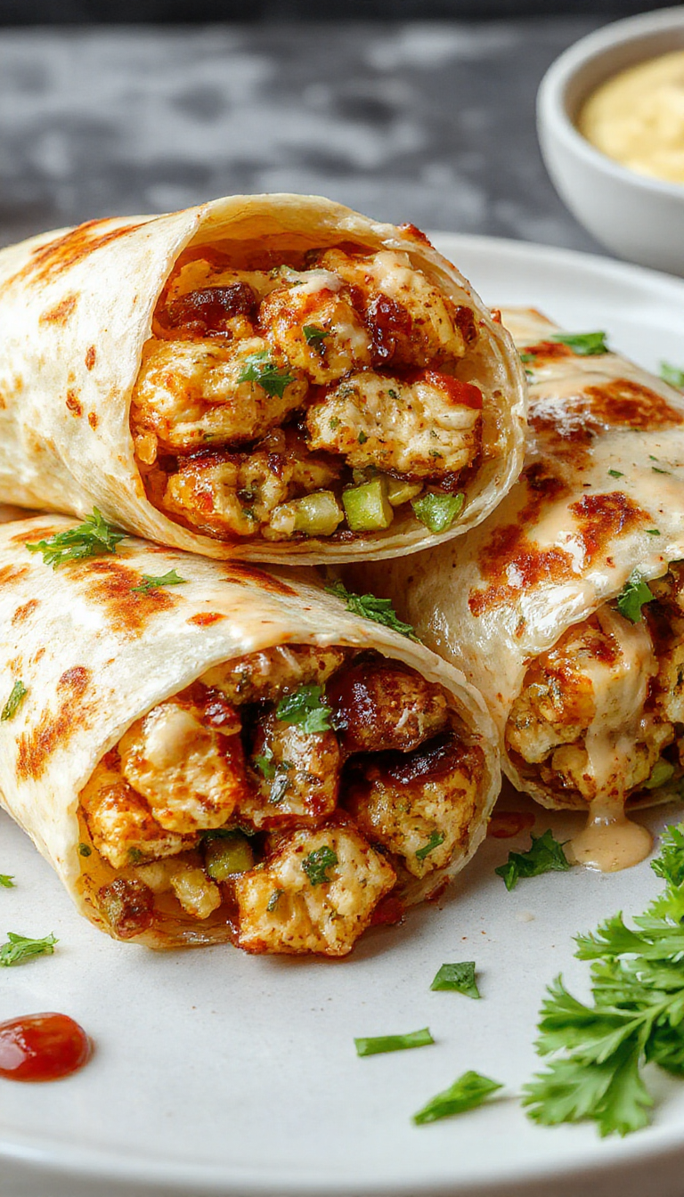 Close-up of cheesy garlic chicken wraps filled with melted cheese, crispy chicken, fresh lettuce, and herbs, rolled in a soft tortilla.