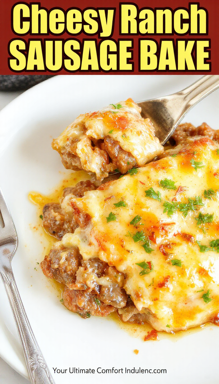 A savory Cheesy Ranch Sausage Bake in a baking dish, topped with melted cheese, fresh herbs, and crispy sausage slices, ready to serve.