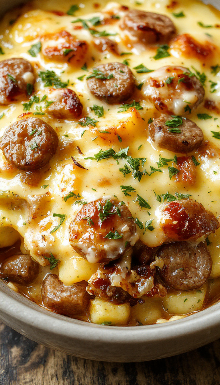 A hearty casserole dish featuring sliced sausages, crispy potatoes, and melted cheese topped with herbs and a drizzle of ranch dressing.