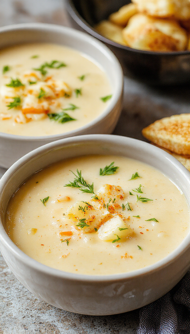 A steaming bowl of Cozy & Creamy Cheddar Garlic Herb Potato Soup garnished with fresh herbs and shredded cheddar cheese, served in a rustic bowl.