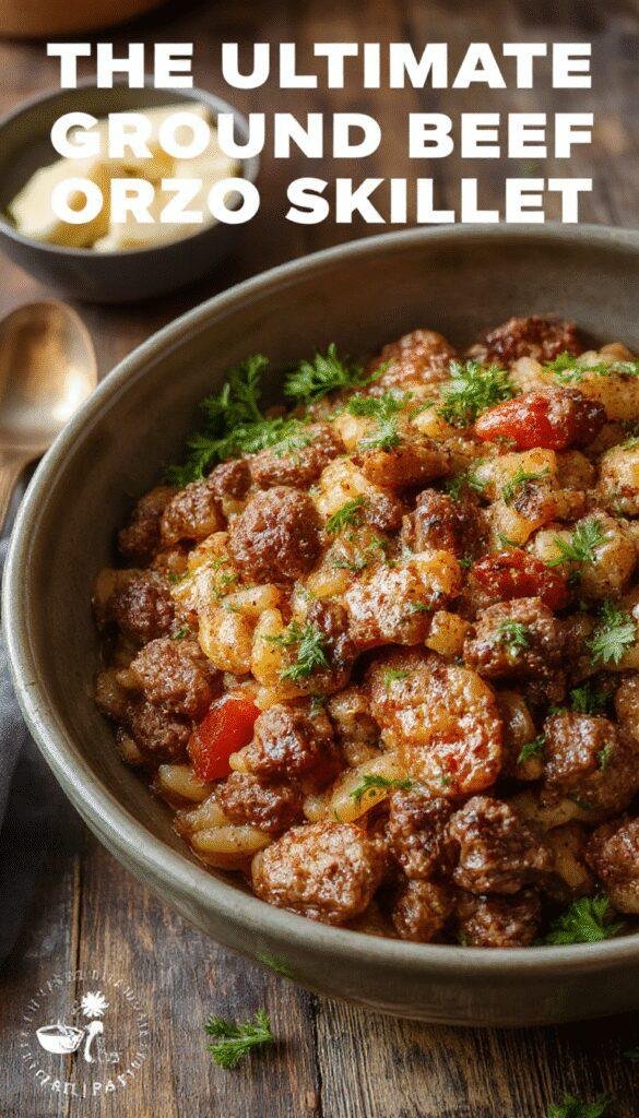 A warm, inviting skillet filled with cooked ground beef, tender orzo pasta, and colorful vegetables garnished with herbs, perfect for cozy nights.