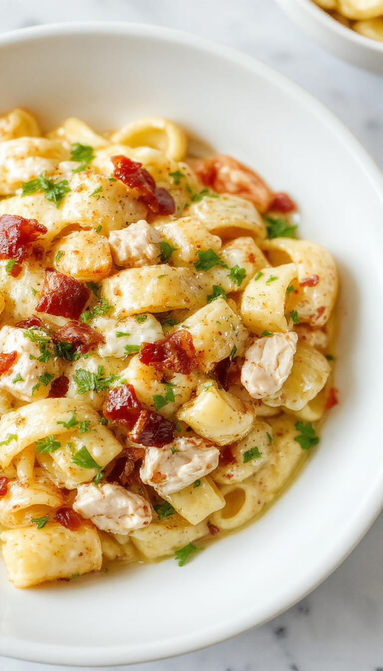 A bowl of creamy chicken bacon ranch pasta garnished with fresh herbs, showcasing tender pasta mixed with chicken, crispy bacon, and flavorful ranch sauce.